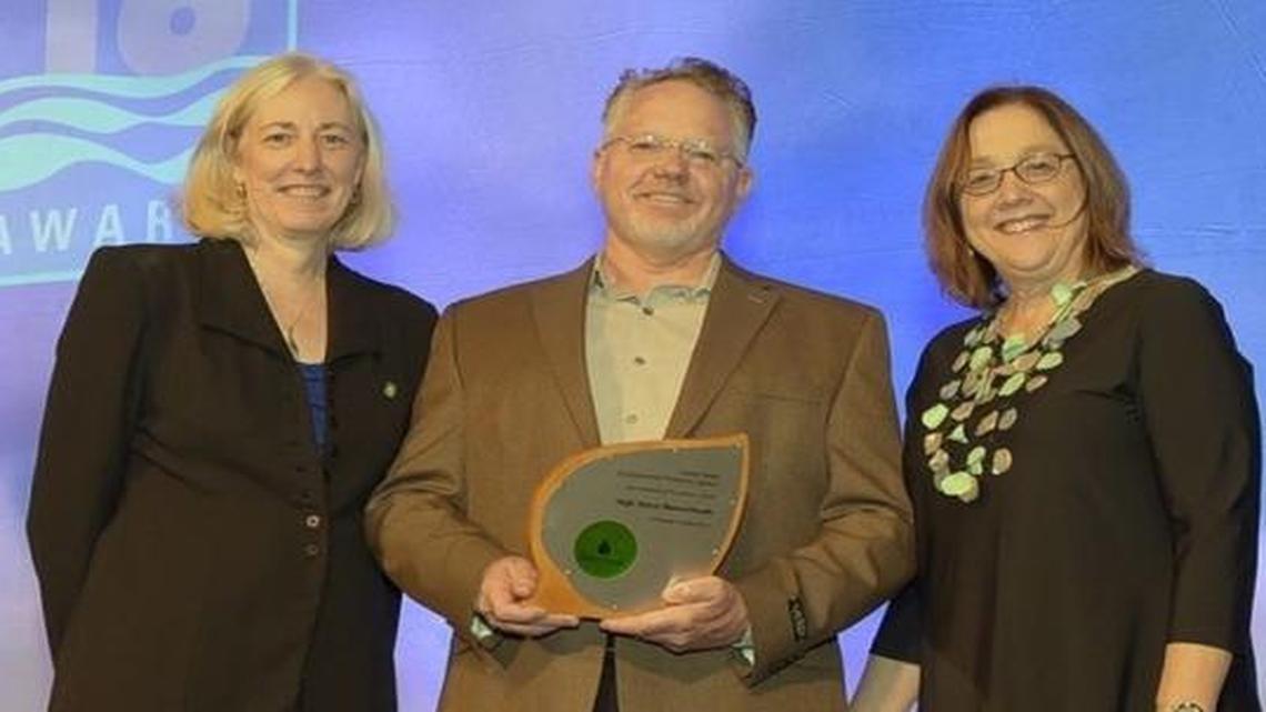From left to right, Veronica Blette, chief, WaterSense Branch, EPA Office of Water; David Malcolm, founder and owner of High Sierra Showerheads; and Ellen Gilinsky, senior policy advisor, EPA Office of Water at the WaterSmart Innovations Conference in Las Vegas on Oct. 6.