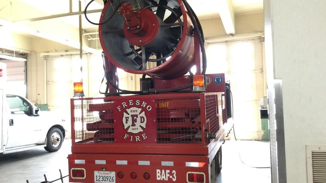 A powerful gas-powered, trailer-mounted blower based at Fresno Fire Department’s Station 3 is manufactured in Fresno by Tempest Technology Corp. The 4-foot-wide fan can move about 130,000 cubic feet of air per minute at full power.