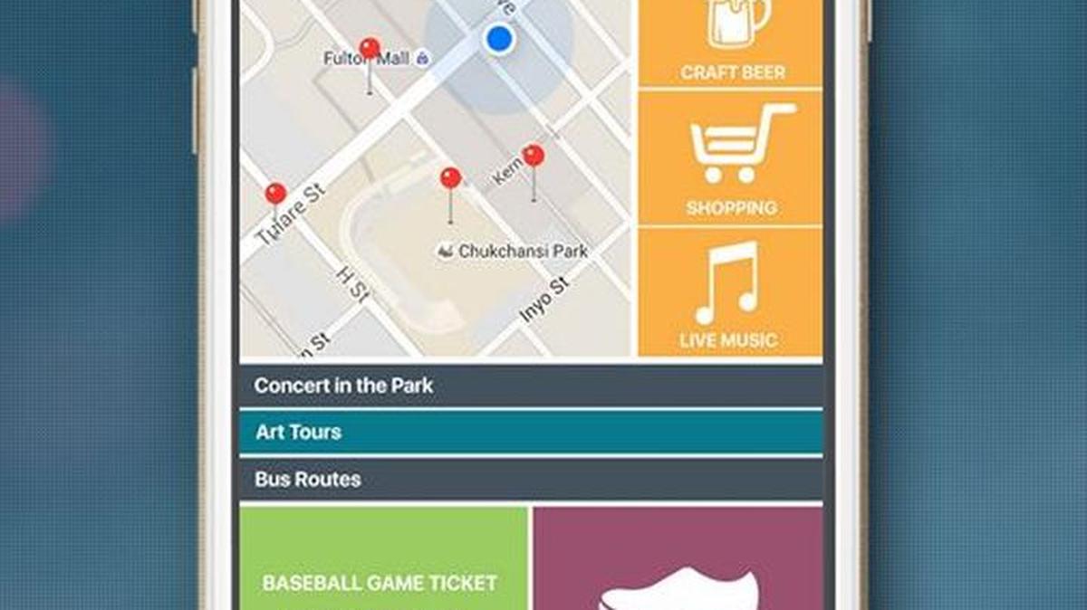 
A screen mockup shows how a smartphone could display business or visitor information for businesses using the One Sense location-based marketing platform.
