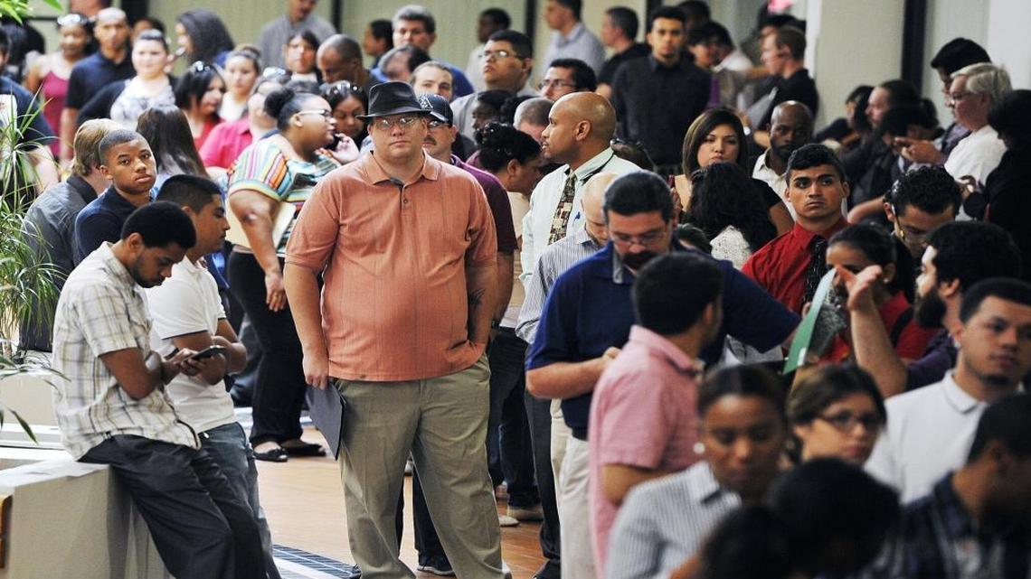 
Hundreds of people wait in line at a Aug. 13 job fair held for Smart & Final at Manchester Center in Fresno. The August unemployment rate in Fresno County was estimated at 8.9 percent, the lowest it’s been since the fall of 2007.
