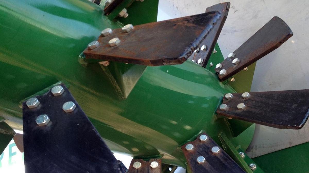 A close look at steel paddles on a compost-turning machine from Midwest Bio Systems. The machine was on display at World Ag Expo in Tulare on Wednesday, Feb. 10, 2016. The paddles are designed to flip compost.