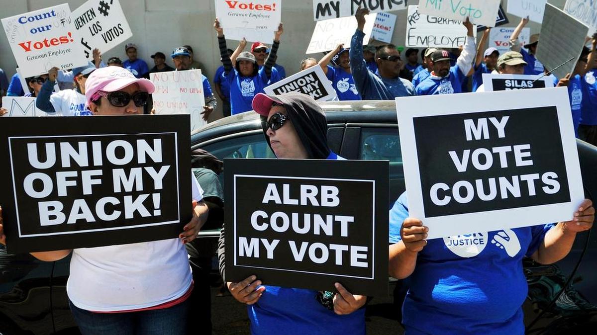 
Three women identifying themselves as Gerawan workers, Maria Gonzalez, left, Maria Garcia, center, and Carmen Lopez, right, join about 300 people who rallied outside the 5th District Court of Appeal against union representation April 14, 2015, in Fresno. 

