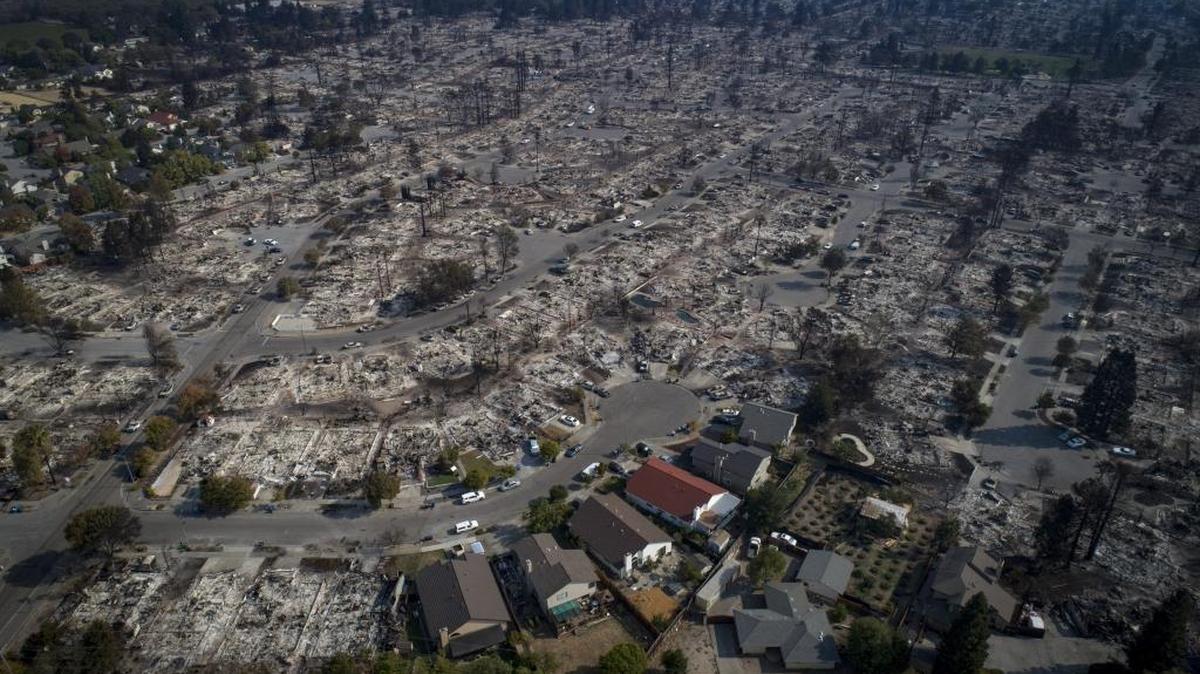 An aerial view of a handful of homes that escaped destruction by wildfire in the Coffey Park neighborhood of Santa Rosa, Calif., Oct. 11, 2017