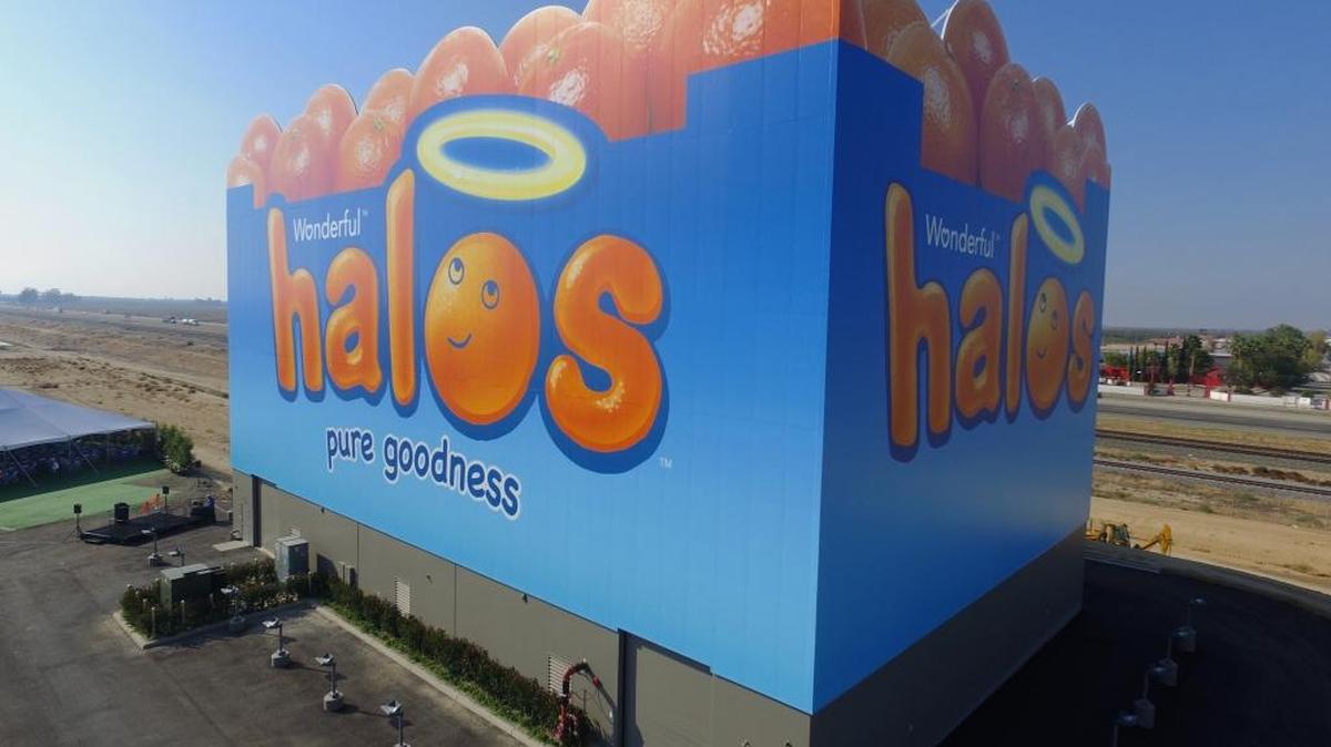 The Wonderful Company’s storage building for its Halos brand of mandarins is a landmark along Highway 99 in Delano, California.