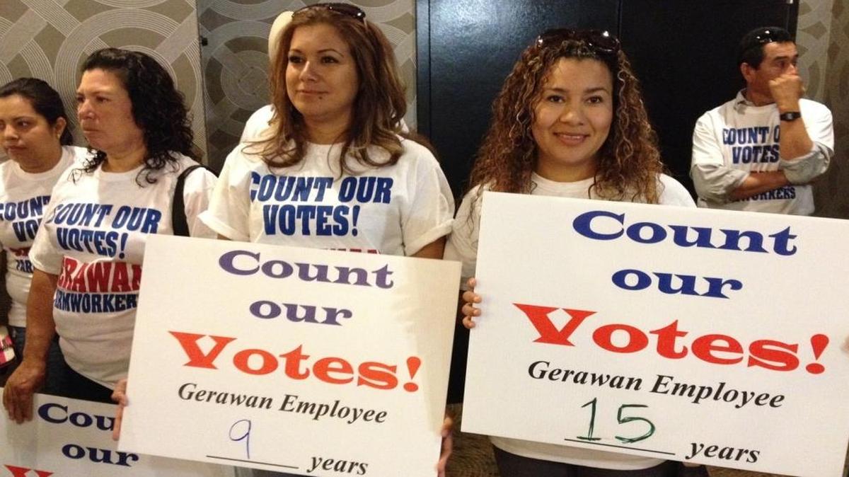 Gerawan workers protest outside a closed California Agricultural Labor Relations Board hearing in October 2014 in downtown Fresno.
