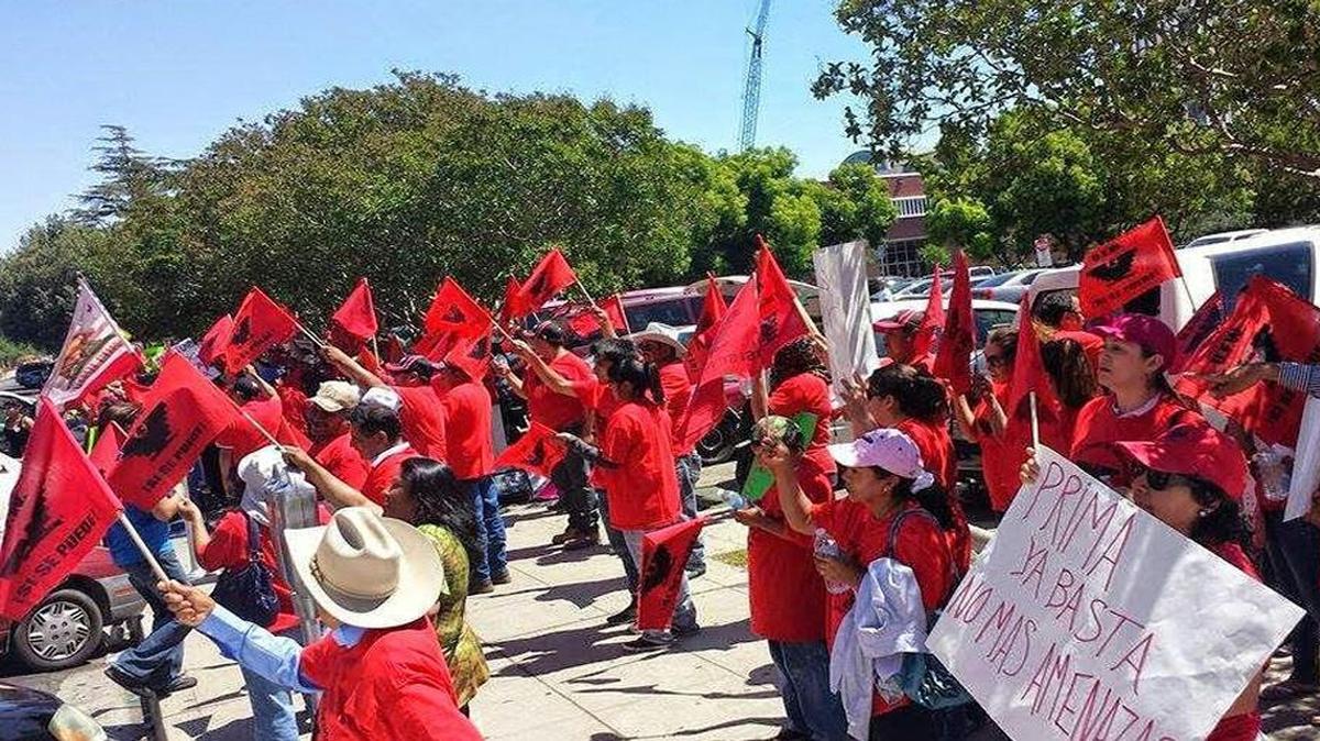 
United Farm Worker members demonstrate in front of the B.F. Sisk Courthouse in support of the union at a recent civil court case involving Gerawan Farming.
