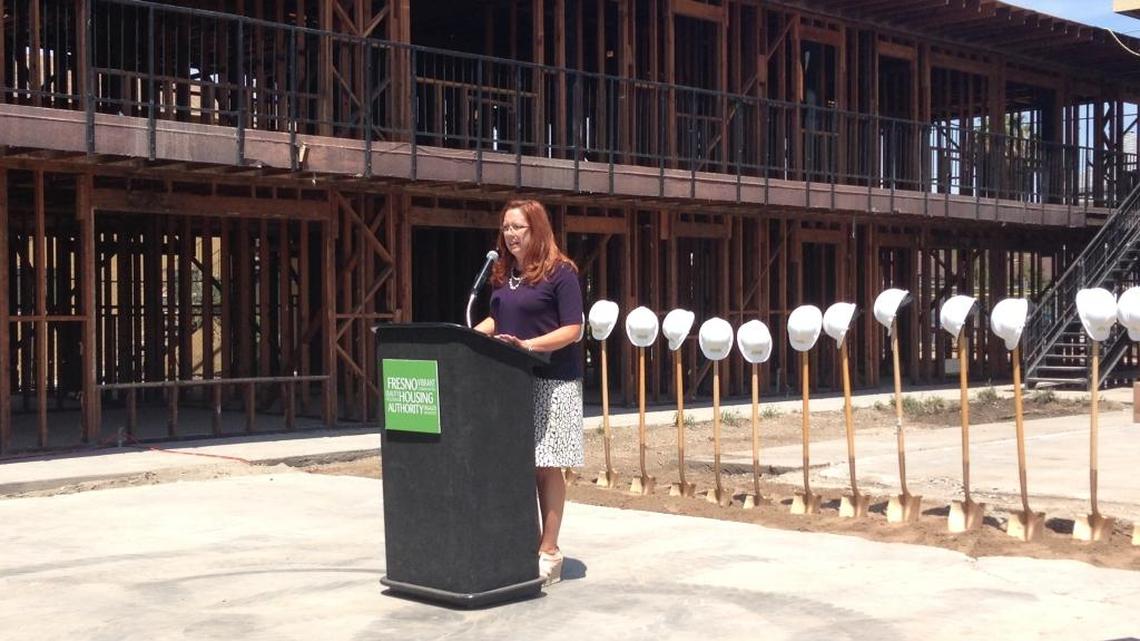 Tracewell Hanrahan, deputy executive director of the Fresno Housing Authority welcomes guests to the groundbreaking for 250 Calaveras St.
