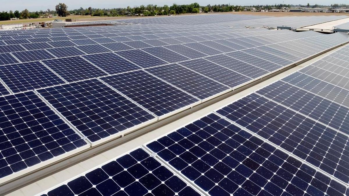 Solar photovoltaic panels nearly cover the 108,000 square-foot roof space of the packing and cooling plant at Baloian Farms in Fresno.