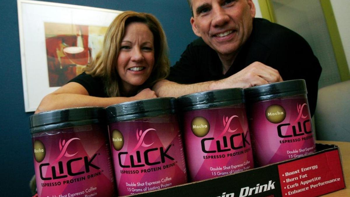 Beth Smith, left, and her husband Greg Smith, pictured in 2009 with their protein and double shot espresso drink. Click launched in 2008. The couple are now promoting Click Active for the consumers with active lifestyles.