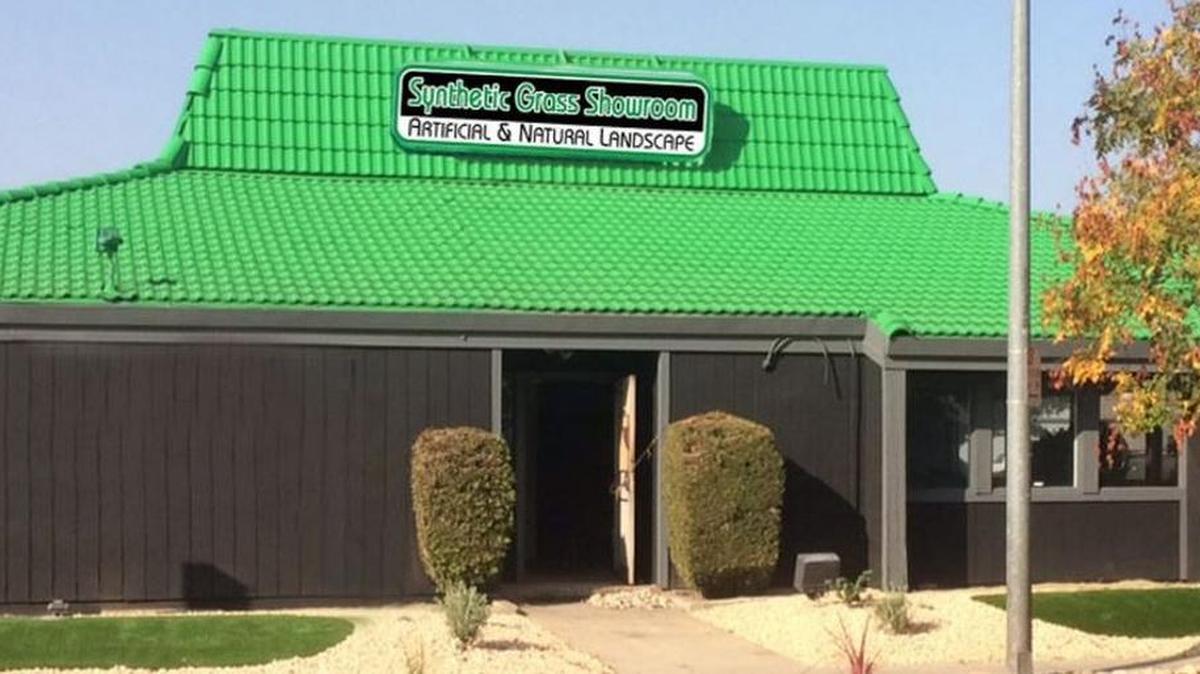 A bright green roof distinguishes the new Synthetic Grass Showroom from its neighbors along Shaw Avenue near Minnewawa Avenue in Clovis. Landscape contractor Hugo Lopez opened the showroom earlier this month in hopes of increasing his business installing artificial lawns.