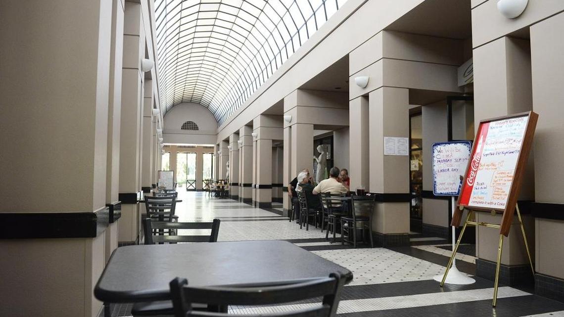 
A few diners have lunch at George’s Shish Kebab in the Galleria in Fresno. Civic Center Square, the property owners of the Galleria and Crescent building, have offered several spaces for the winner of the Create Here business plan competition. The winner will get a free year of rent and their choice of three storefronts in the Crescent building or a space in the Galleria.
