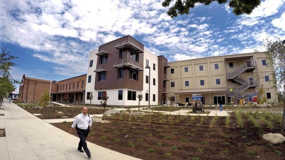 
Warehouse Row is a new commercial development on P Street that renovated old buildings into new structures by using the old and incorporating modern features. The old Wormser Warehouse building is at far left, the Western Meat Co. building, middle area, and the Fresno Consumers Ice Co. building is at right.
