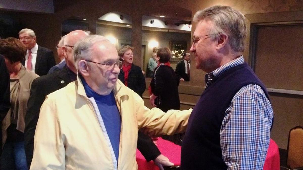 Jim Pardini, right, was named as the 2018 recipient of the Leon S. Peters Award for business and community leadership by the Fresno Chamber of Commerce. Stan Oken, the 2016 Peters award winner, greeted him following the announcement on Tuesday, Dec. 19, 2017.