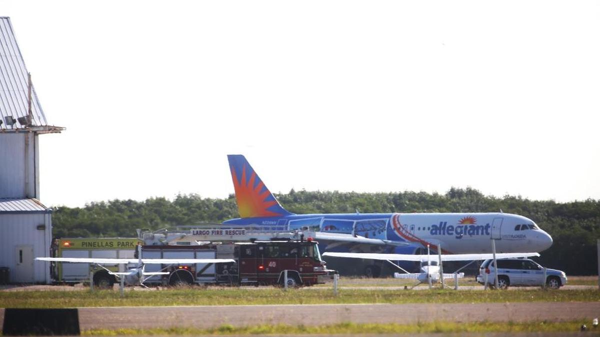 An Allegiant Airbus jet lands safely at St. Petersburg Clearwater (Florida) International Airport in June 2016 after the pilot reported problems.