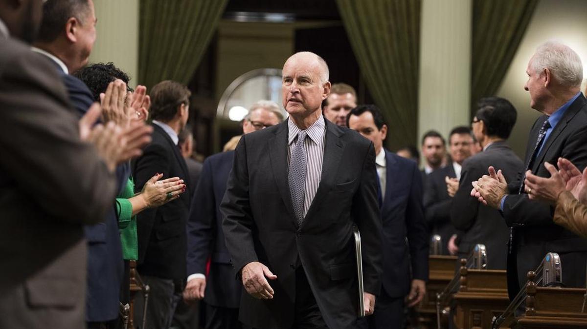Gov. Jerry Brown arrives for the State of the State address in the Assembly Chamber at the State Capitol on Thursday January 21, 2016 in Sacramento, Calif.