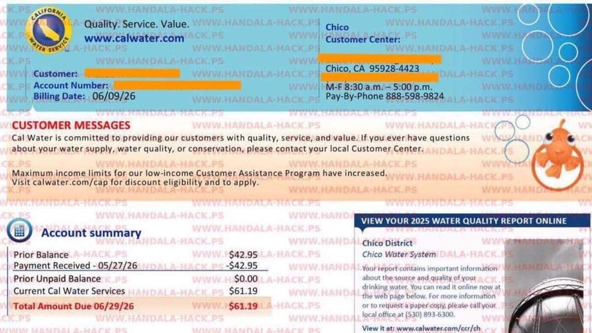 Image of purported bill to a Chico CalWater customer that an Iranian-linked group claims to have hacked. The original image did not have identifying information blocked. SOURCE: Iranian PressTV