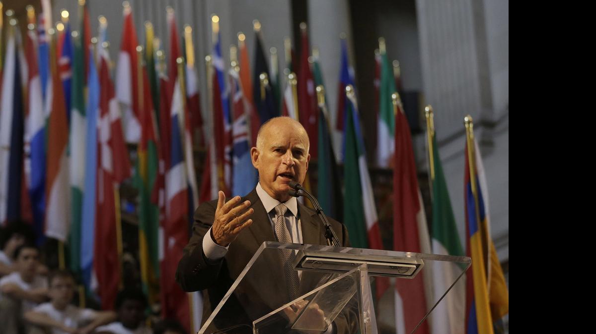 
Gov. Jerry Brown speaks at a ceremony for the 70th anniversary of the United Nations in San Francisco, Friday, June 26, 2015.
