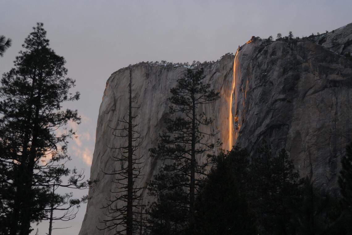 An ephemeral waterfall on El Capitan in Yosemite National Park catches the light just rights in February 2007.