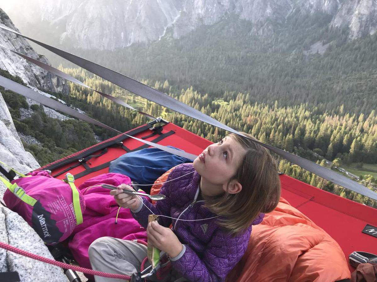 Selah Schneiter on a portaledge on the side of Yosemite’s El Capitan during her June 2019 climb of the Nose route.
