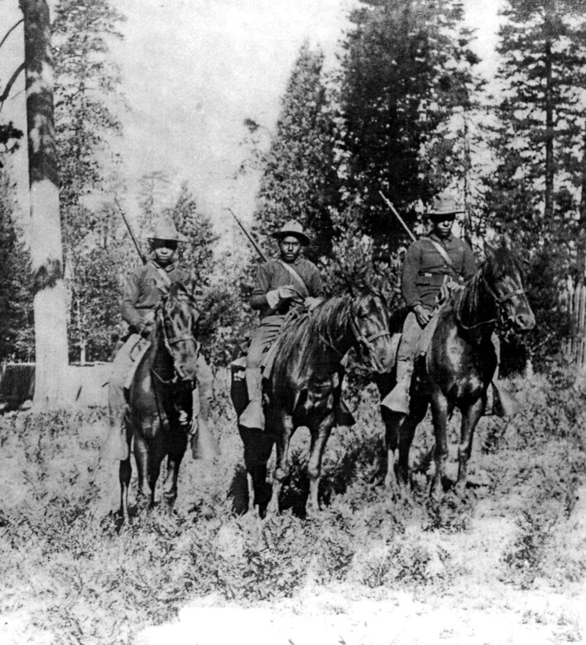 African American soldiers of the 24th Regiment of Infantry on patrol in Yosemite in 1899. 