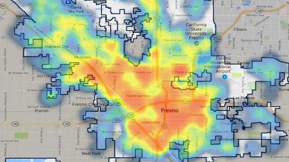 A “heat map” prepared by Fresno’s Solid Waste Management Division shows where illegal dumping is reported most often. The redder the area, the more dumping is reported.