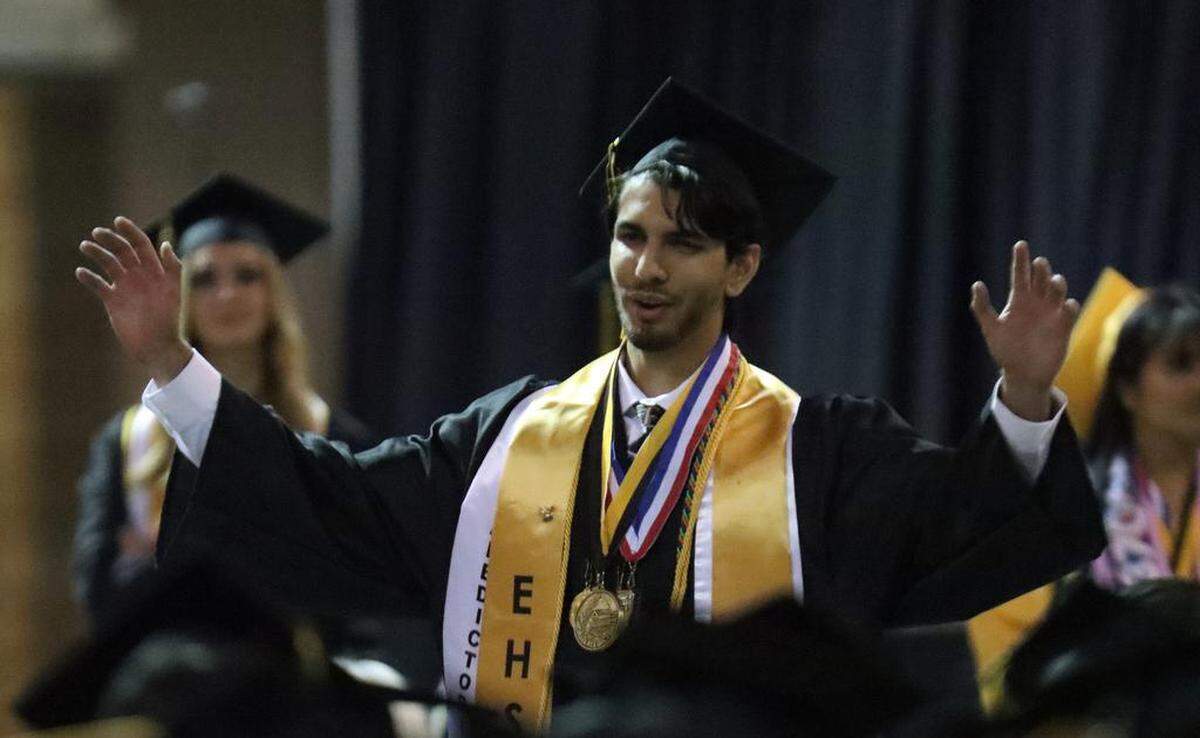 Valedictorian Rey González is introduced during the Edison High School graduation ceremony at the Save Mart Center on June 5, 2023.