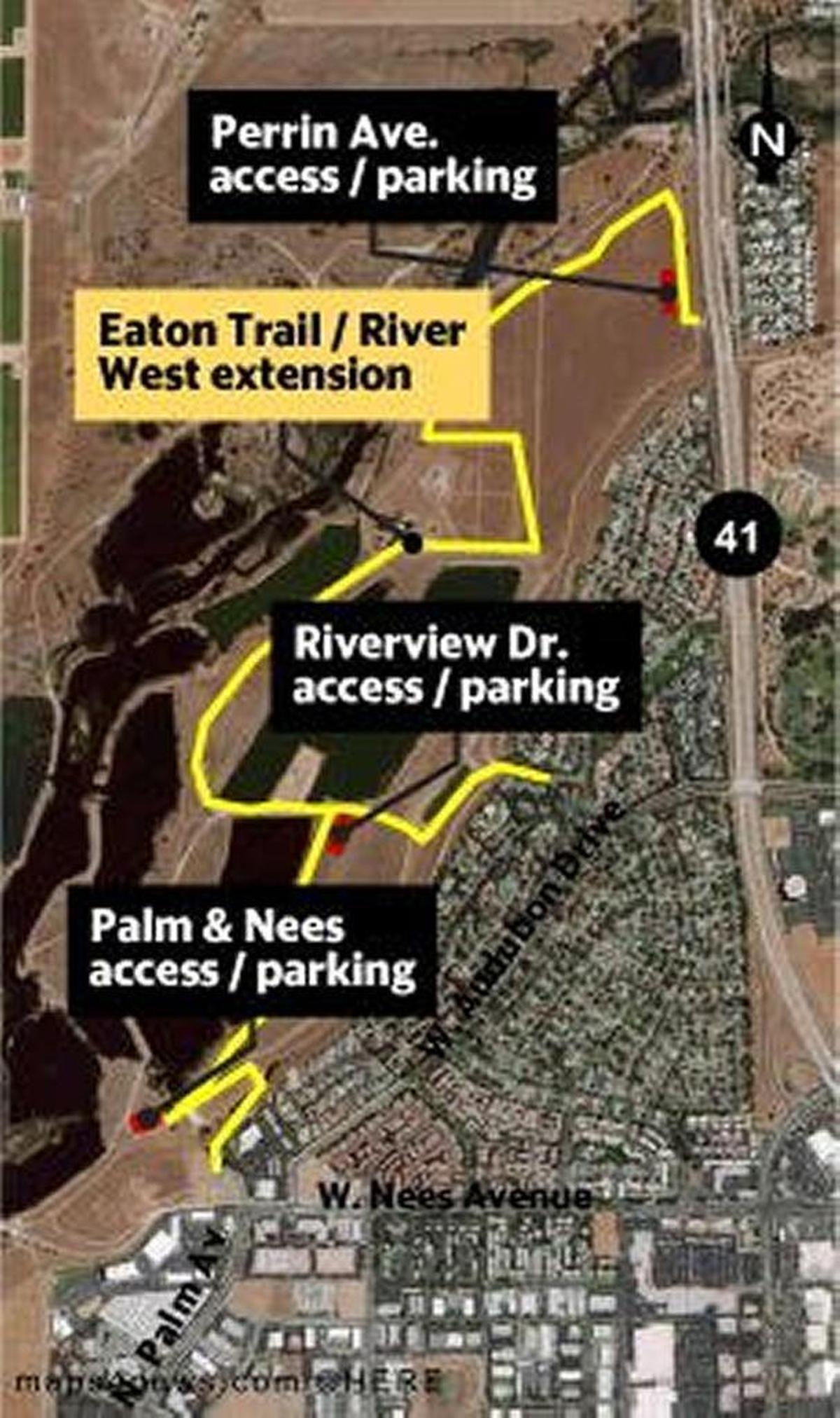 The San Joaquin River Conservancy Board, in December 2017, voted 8-6 to build a new road to the River West Open Space Area from Spano Park near Palm & Nees avenues. There will also be a Perrin Avenue access point. Riverview Drive will remain open to cyclists and pedestrians.