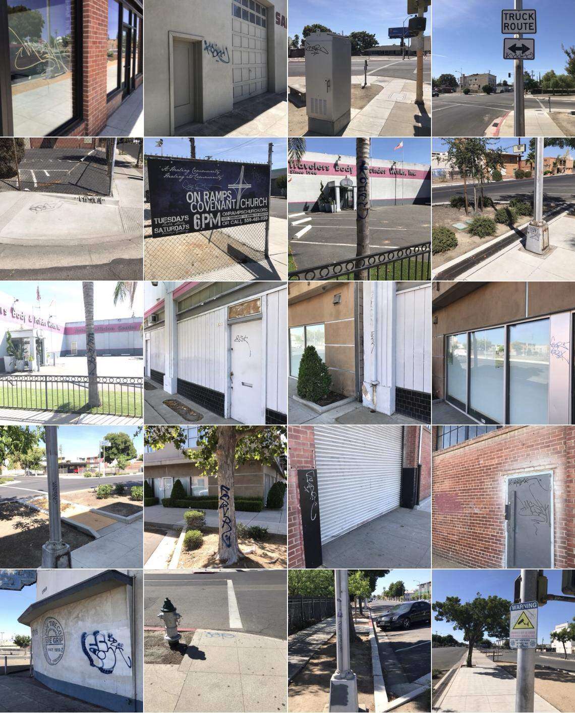 This collage of photos taken by residents in the Cultural Arts Districts show tagging on walls, street signs, even trees.