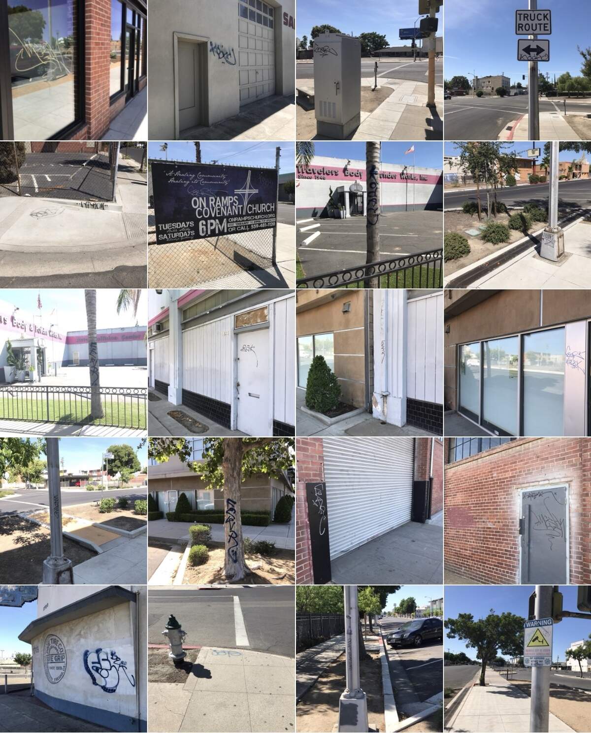 This collage of photos taken by residents in the Cultural Arts Districts show tagging on walls, street signs, even trees.