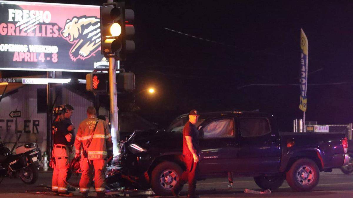 Police and fire rescue crews were on the scene of an crash March 17, 2019, in Fresno, CA. One man suffered serious injuries to his legs and after he struck by a truck.