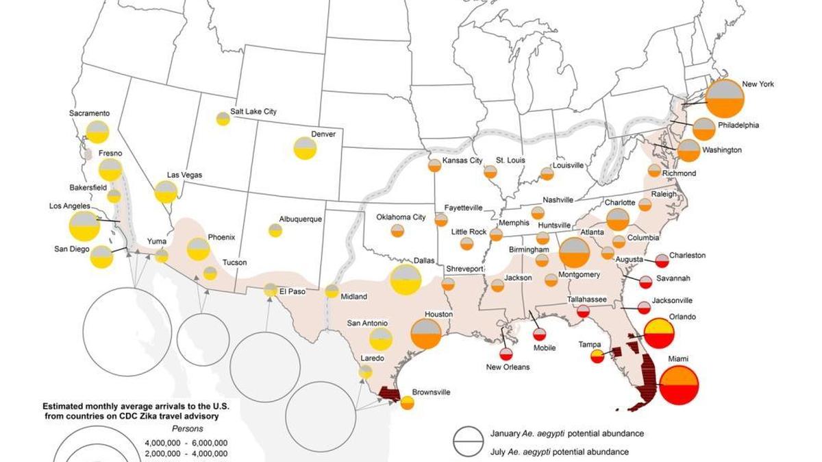 Fresno is plotted on a map of 50 U.S. cities that have the climate conditions condusive to the Zika-carrying mosquito surviving this summer. The map is contained in a study published by PLOS Currents: Outbreak.