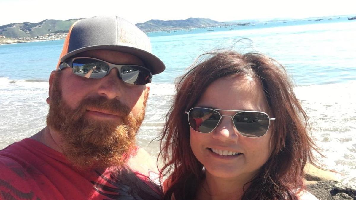 Ken and Pamela Hyslop take a selfie photo at Avila Beach Monday, their “first” anniversary. They were married on Feb. 29, 2012, so had to wait to this year for the next Feb. 29 to fall on the calendar.