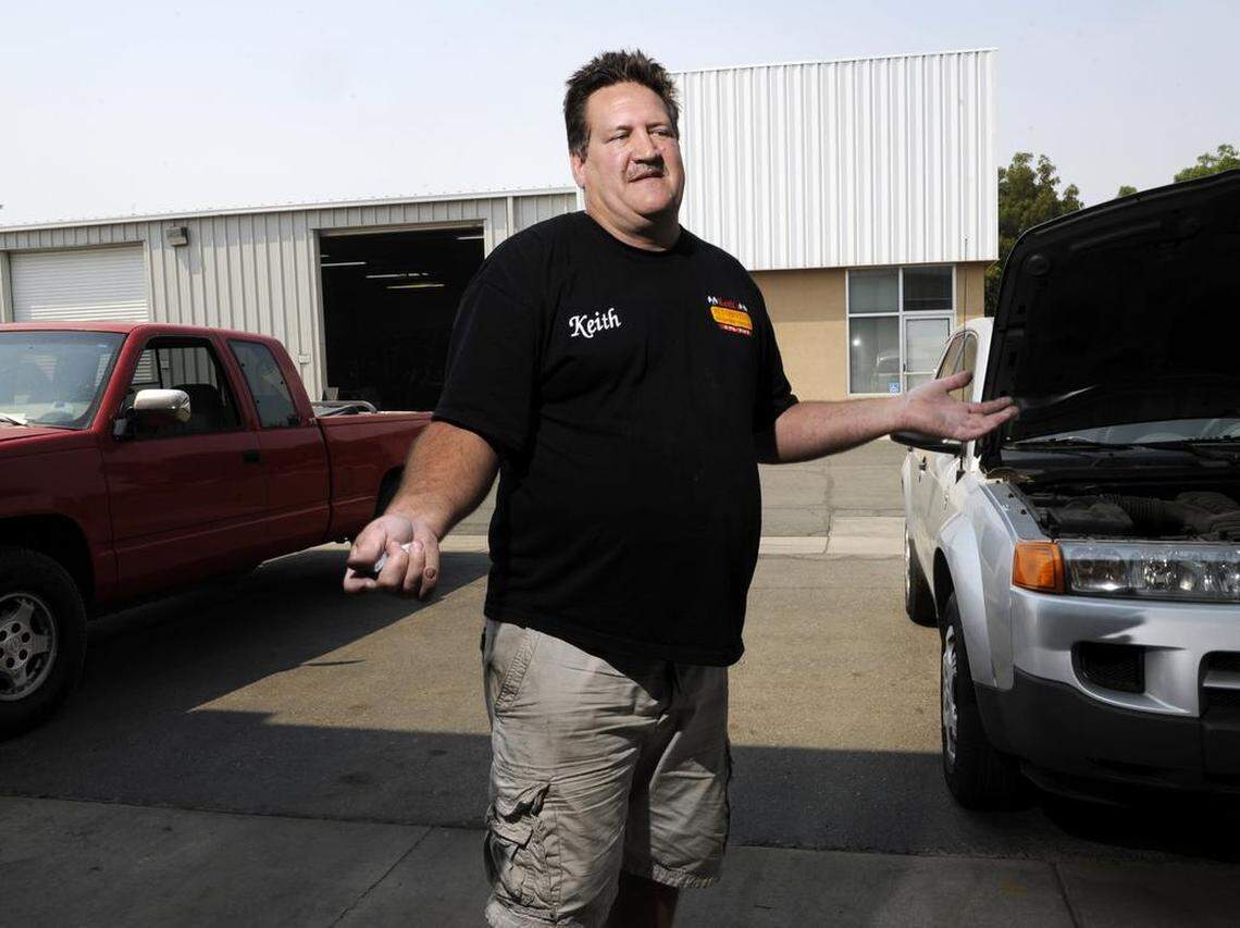 Keith Erwin, owner of Keith’s Automotive along Golden State Boulevard north of Shaw Avenue, lamented the eminent domain process in a 2013 interview. He was able to stay on the property by relocating to another building that was far enough back to be clear of the construction – for now.