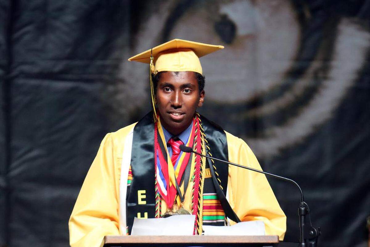 Valedictorian speaker Yosef Aklilu addressed the graduates during the Edison High School graduation ceremony at the Save Mart Center on June 5, 2023.