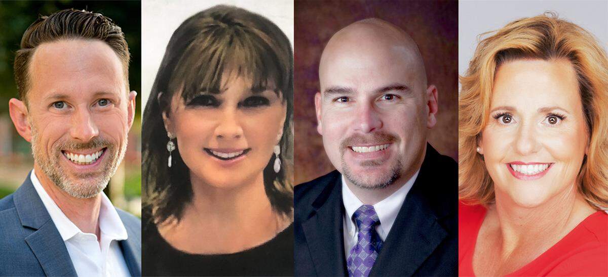 Left to right, nonprofit executive Clint Olivier, Realtor Joanne Burton, parent and business executive Chuck Der Manouel and parent and communications consultant Samantha Bauer are vying for the vacant Area 1 seat.