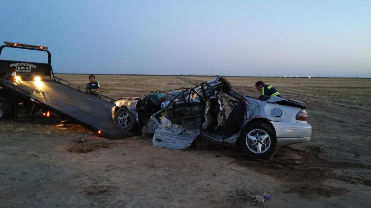 This car was one of two vehicles involved in a fatal crash northwest of Raisin City on Saturday.