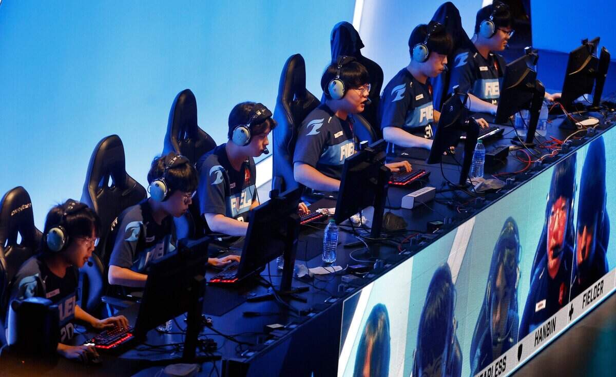 The Dallas Fuel team competes against the Houston Outlaws in their Overwatch League match at Esports Stadium Arlington Friday, July 9, 2021.