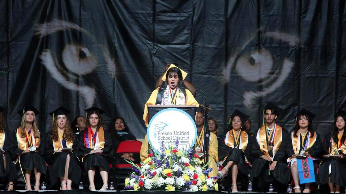 Valedictorian speaker Uzueth Ramírez-Gallegos spoke with pride about living in the 93706 zip code during the Edison High School graduation ceremony at the Save Mart Center on June 5, 2023.