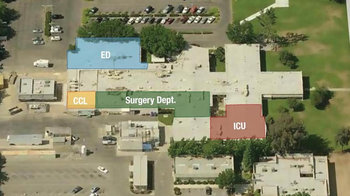 An aerial view of Adventist Medical Center - Selma highlights areas that are included in a $13.3 million upgrade, including expanded emergency and surgery departments and a new cardiac catheterization lab and intensive-care unit.