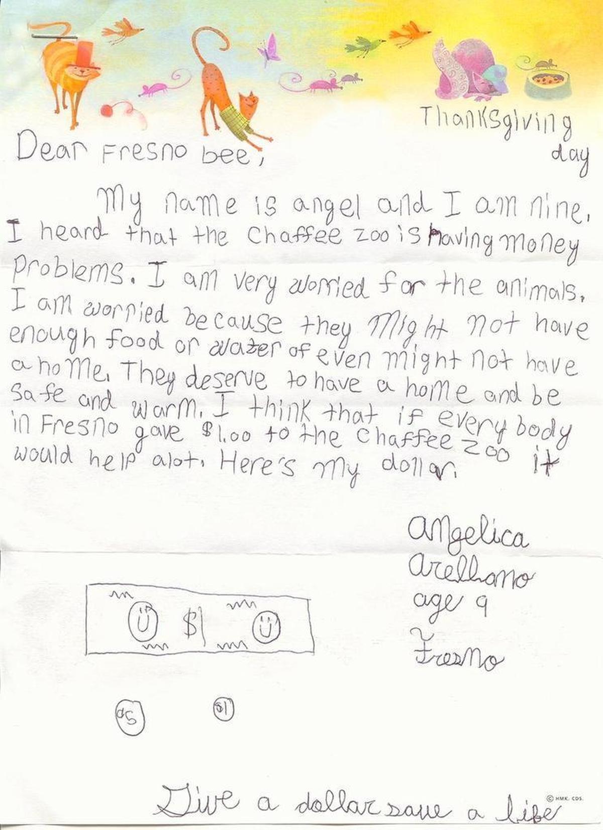 Angelica Arellano’s letter to the editor inviting others to pledge support to the Fresno Chaffee Zoo. Published in The Fresno Bee on December 2, 2003.
