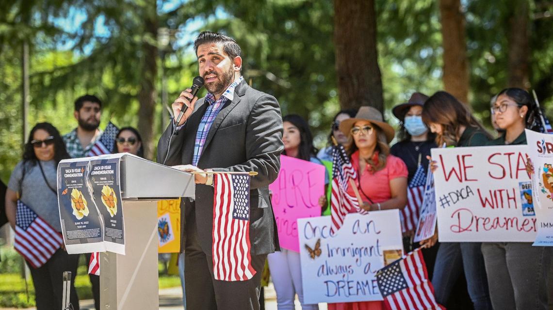 Matias Bernal, executive director of the Education & Leadership Foundation in Fresno, speaks during a press conference to commemorate the 10-year anniversary of the Deferred Action for Childhood Arrivals, or DACA, in front of the Robert E. Coyle Federal Building in Fresno on Wednesday, June 15, 2022.
