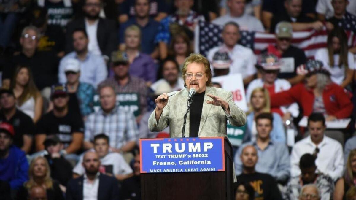KMJ talk show host Ray Appleton opened the speeches at the rally for presumptive GOP nominee Donald Trump at Selland Arena on Friday, May 27, 2016.