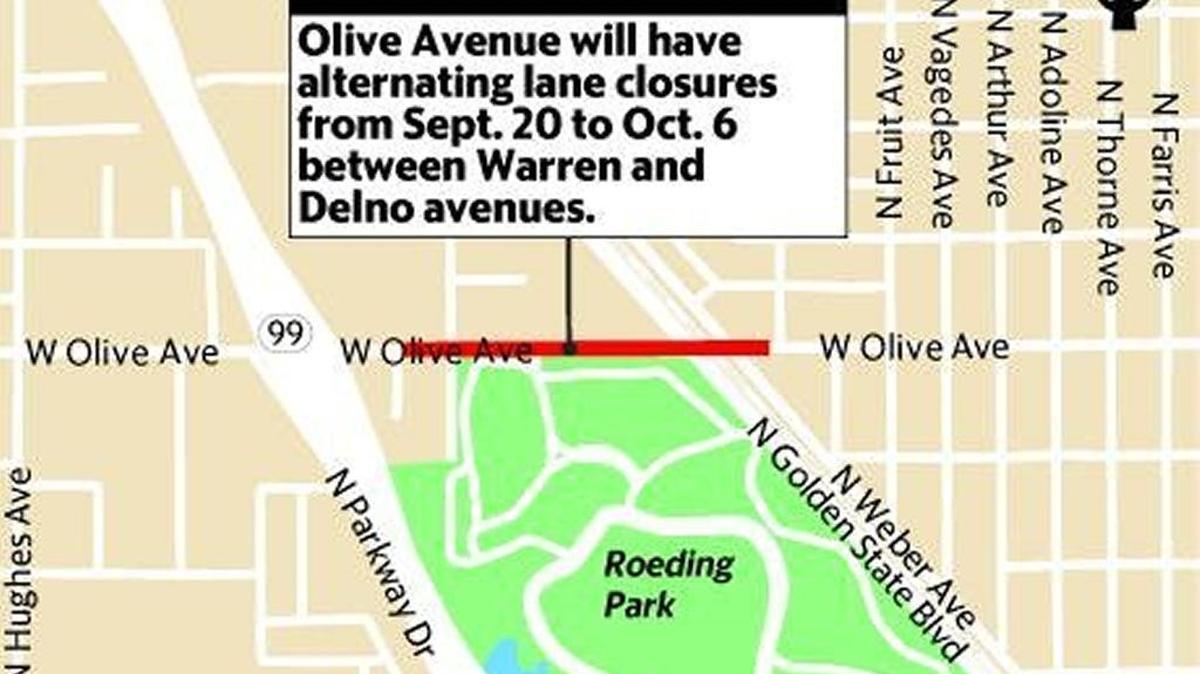 Alternating lane closures will affect traffic on Olive Avenue near Roeding Park from Sept. 20 through Oct. 6.