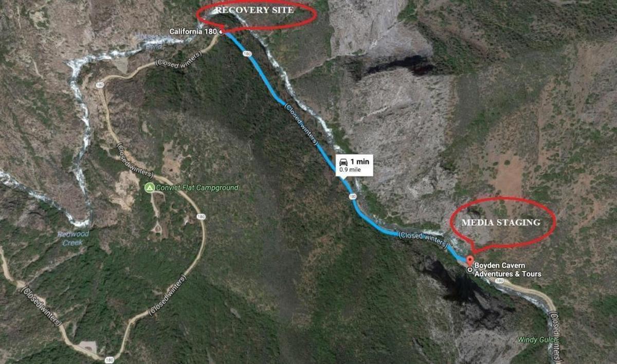 The area of the Kings River where a car containing the bodies of two Thai students is located.