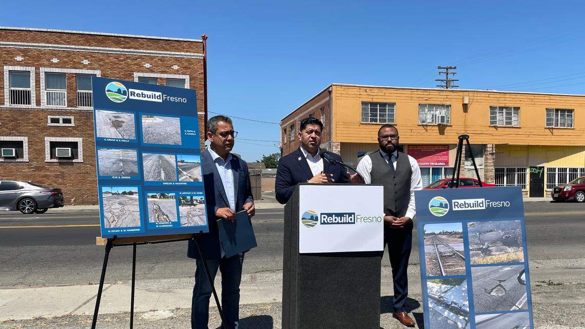 City Councilmembers Miguel Arias, Luis Chavez and Nelson Esparza called for infrastructure improvements during a press conference held outside of the Christy’s Donut shop on Belmont Avenue and Fresno Street on Friday, June 1, 2023.