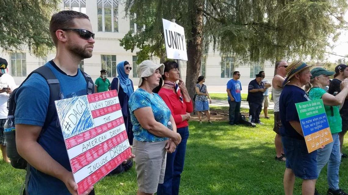 A Labor Day rally at Courthouse Park in Fresno drew more than 60 people for a short march to Fresno City Hall on Monday, Sept. 4, 2017. Speakers encouraged the Latino and Muslim communities to support each other, and to support saving the Deferred Action for Childhood Arrivals program.