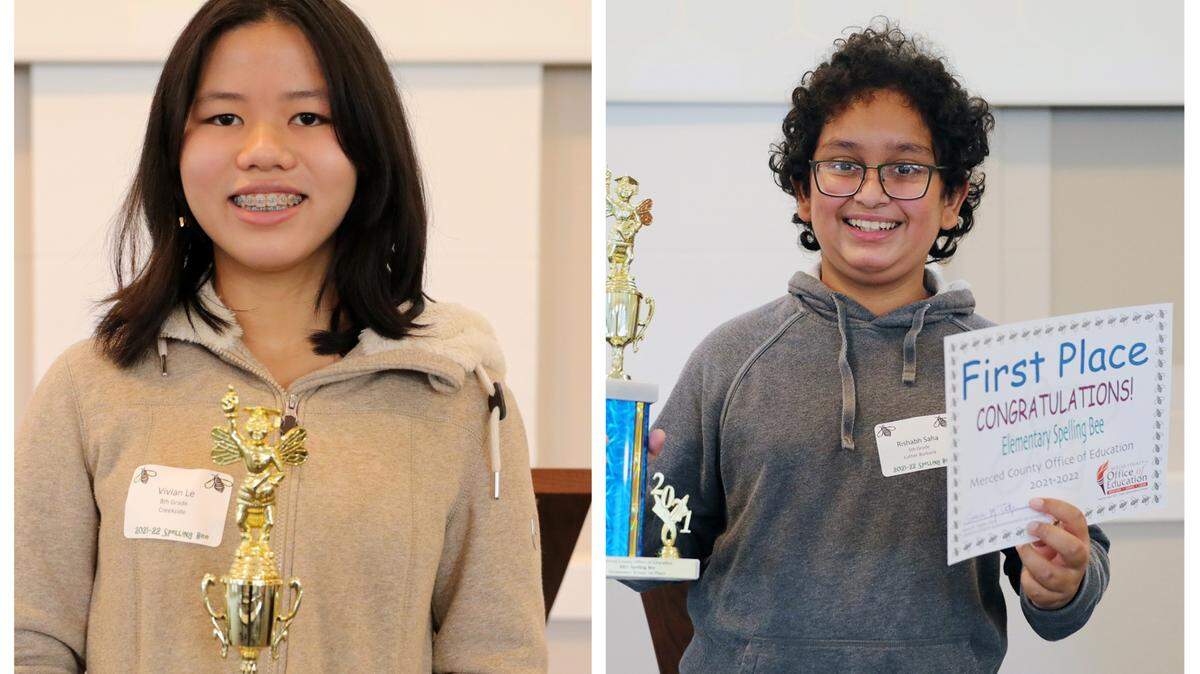 Vivian Le, an eighth grader from Creekside Junior High in Los Banos and Sixth-grader Rishabh Saha of Luther Burbank Elementary School and each won first place in their respective competitions in the Merced County Spelling Bees.