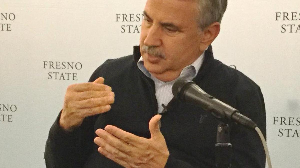 New York Times columnist and author Thomas Friedman talks with reporters prior to his talk at Fresno State’s Save Mart Center on Wednesday evening, April 19, 2017.