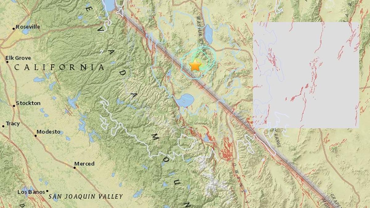 A map on the U.S. Geological Survey site indicates the epicenter of a 5.5 earthquake that struck southwest of Hawthorne, Nevada, early Wednesday, Dec. 18, 2016.