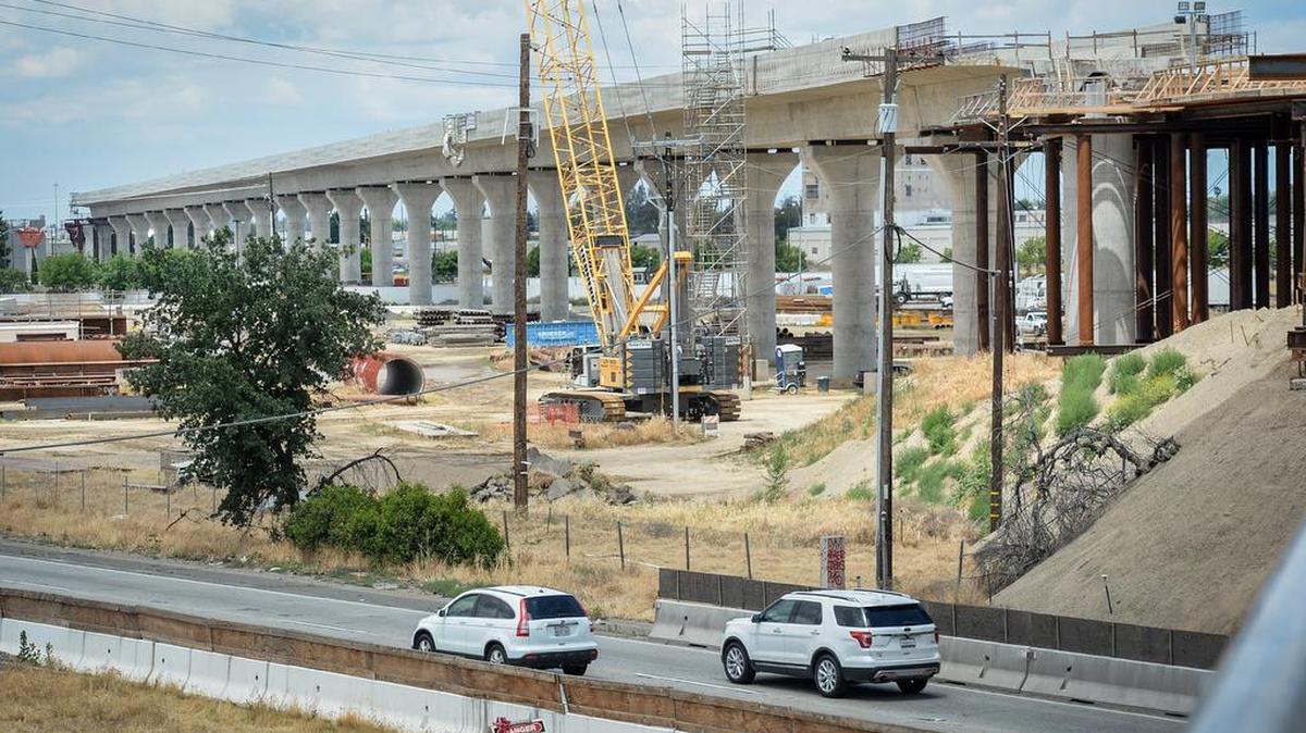 The elevated section of tracks for the California high-speed rail project that will go over Highway 99 at Cedar Avenue south of Fresno remains under construction on Tuesday, May 21, 2019.